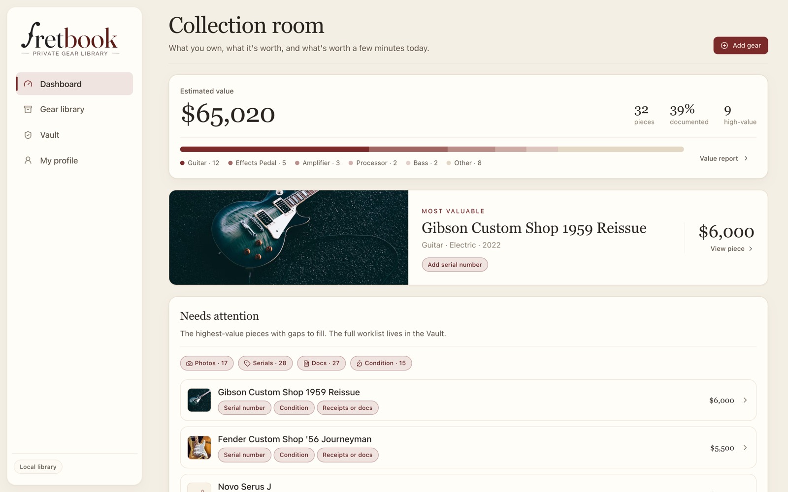 The Fretbook dashboard — estimated collection value and the most valuable piece